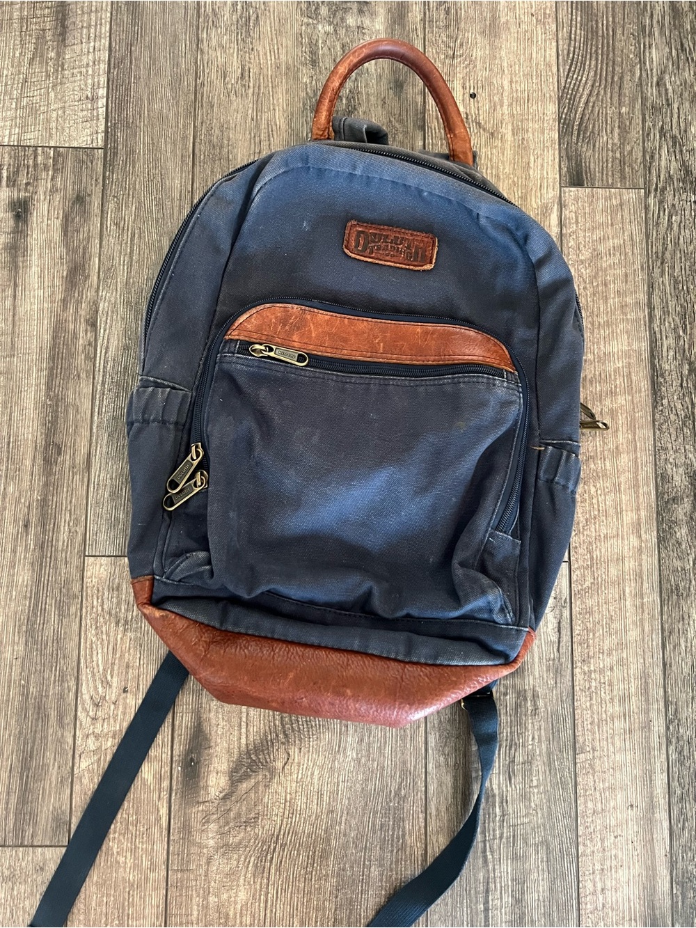 Duluth Trading Co Navy Canvas Backpack with Brown Leather Trim